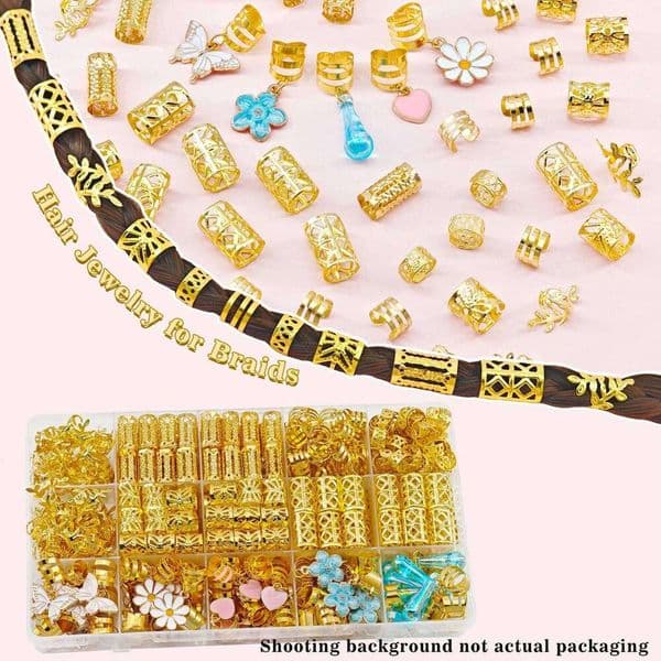 65pcs Garden-Inspired Blue Camellia Teardrop White Butterfly & Daisy Pink Heart Rings,Romantic Boho Hair Cuffs for Braids