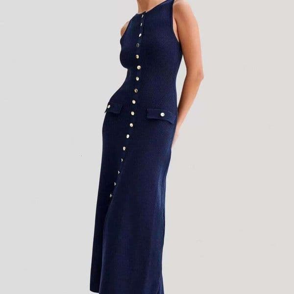 Sandro Dress Woman Designer Dress Sleeveless Single-Breasted Knitted Maxi Dress Women Elegant O-Neck Bodycon Long Lady Party Robes Spring Robe Sandro Dress 9F8