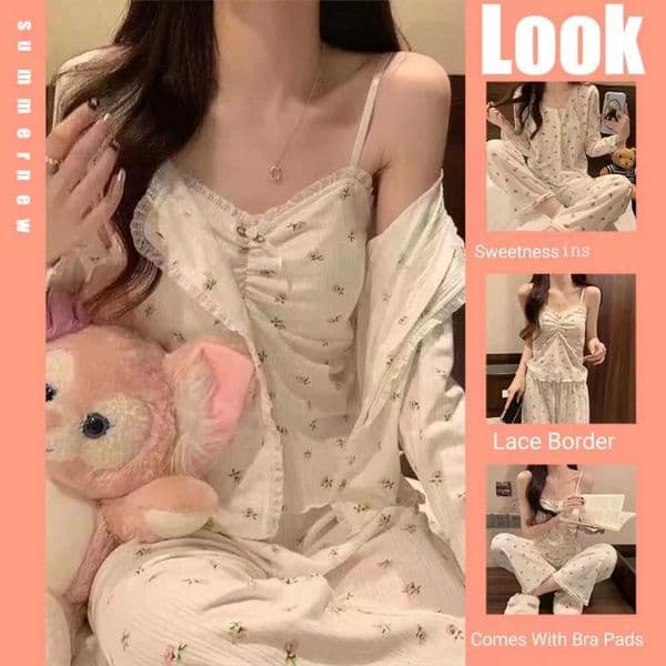 New Three-Piece Pajamas Female Long-Sleeved Sling Ladies Homewear Korean Version Of The Sweet Homewear Spring And Autumn Models L260525