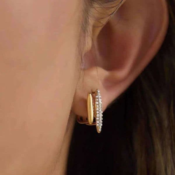 Uworld Delicate Double Layered Lines Design Earrings With White Rhinestone PVD Gold Plated Stainless Steel Earring For Women