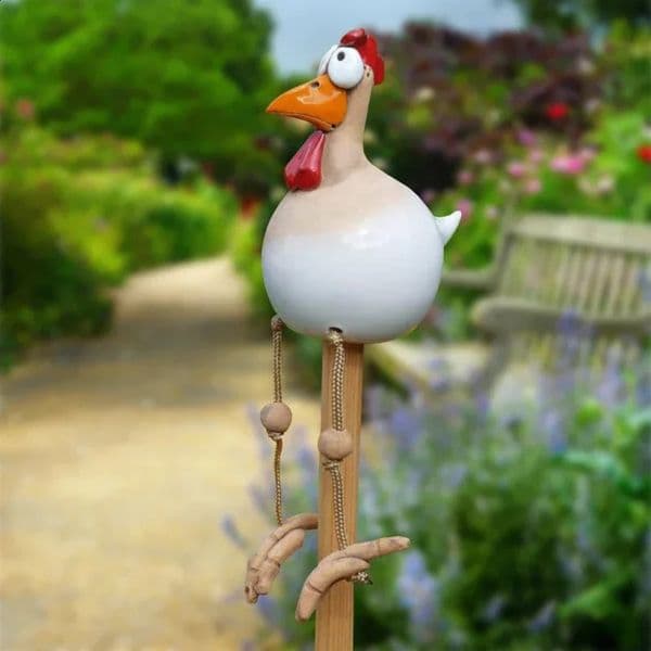 Funny Big Eyed Chicken Statue Long Foot Hen Sculptures Garden Fence Art Supplies Wooden Stake Decoration Resin Crafts 260603