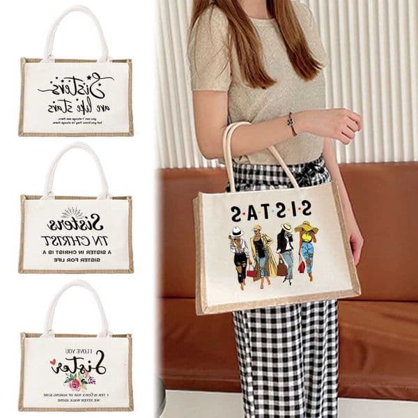 Shopping Tote Bag Reusable Jute Bag Portable Beach Imitation Sacks Shoulder Bags Casual Handbag Printing Sister Series H260606