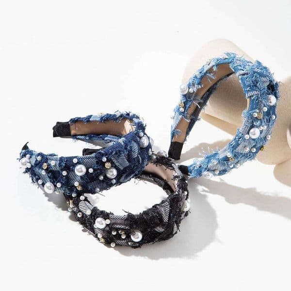 4cm Denim Knot Rhinestone Pearl Hairband For Women Girls Headband Adult Accessories Hair Jewley