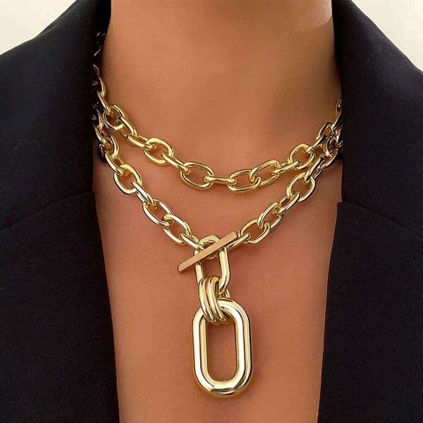 2Pcs Exaggerated Chunky Chain CCB OT Buckle Pendand Choker Necklace for Women Heavy Metal Link Jewelry Accessories Steampunk Men
