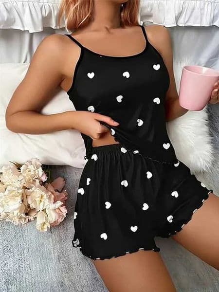 5 Size Choose S M L XL 2XLWomens Two-Piece Suspender Heart Printed Top and Shorts Womens Casual Printed Pajama Set L260525
