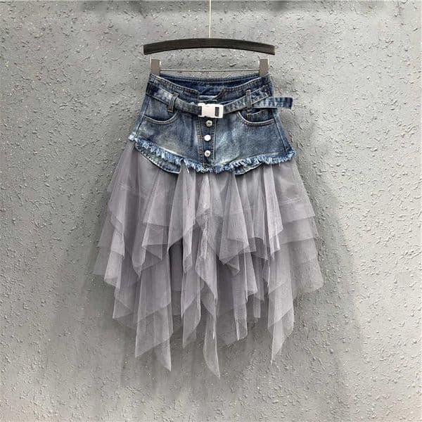 Slim-fitting Womens Tulle Stitched High-waisted and Retro Denim Skirt for Women Spring Summer and Autumn C260606