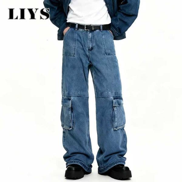 Mens Spring Blue Retro Washed Baggy Cargo Jeans Summer Male Multi Pocket Straight Tube Work Clothes Winter Denim Pants ClothesT260606