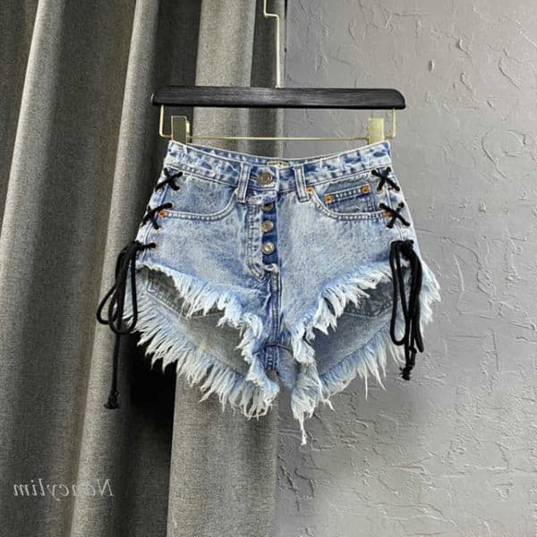 Low Waist Shorts Women 2021 New High Waist Single Breasted Washed Worn Cross Strap Side Ripped Denim Short Sexy Hot Pants L260606