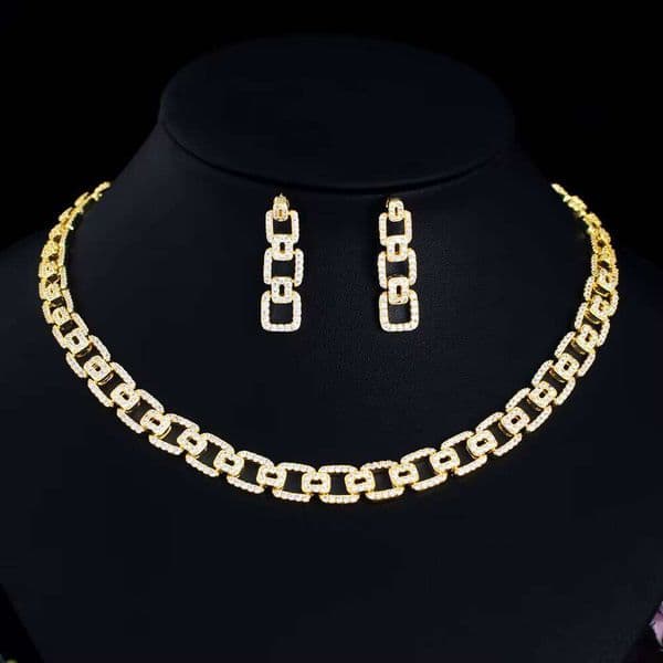 Wholesale 18k gold-plated cubic zirconia necklace earrings HipHop Cuban link chain party jewelry set for men and women