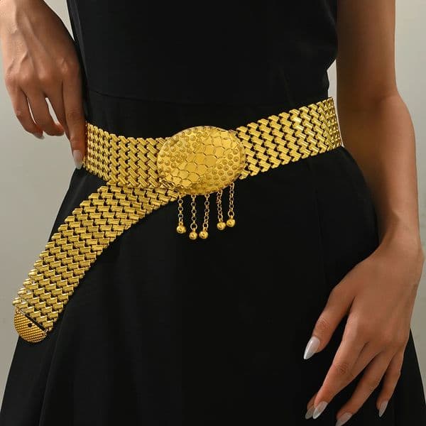 Gold - Tone Wide Chain Belt With Ornate Buckle And Dangling Bead Tassels Fashion Waist Belt for Dresses Elegant Party Accessory 260605