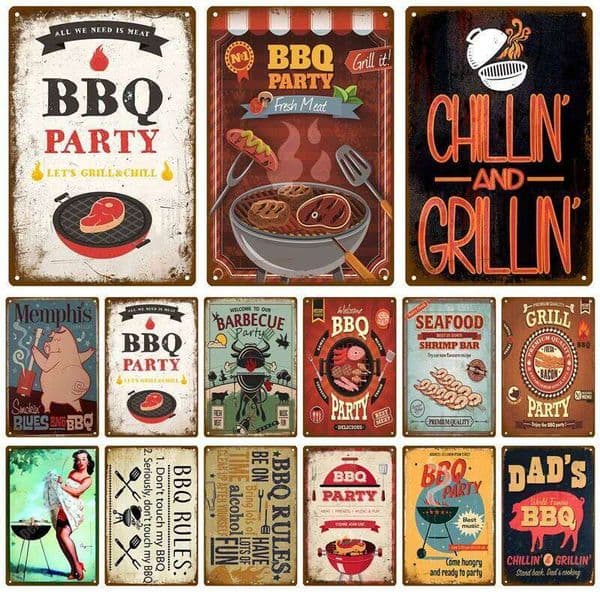 Metal Plaque BBQ Party Time Grill Plate Retro Painting Iron Tin Sign Wall Art Picture For Garden Home Living Room Decor Pub 26L0606