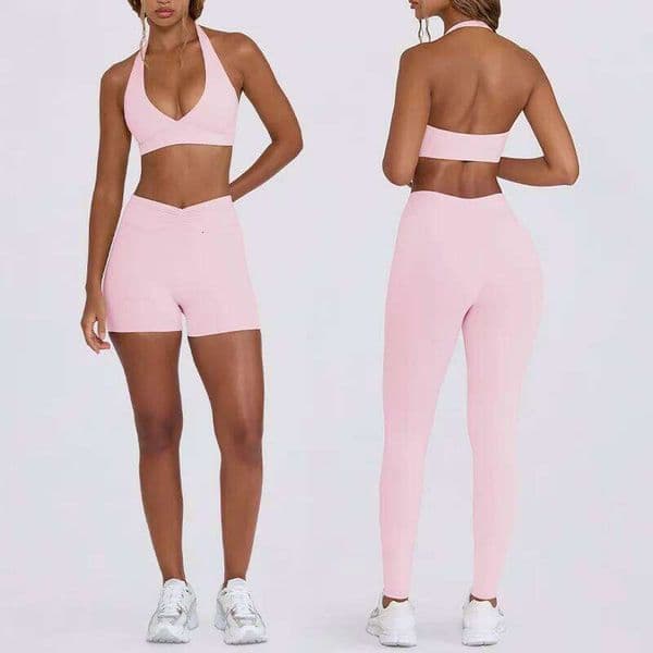 Women's 2-Piece Padded Halter Neck Sports Bra High Waist Lift Tummy Control Biker Shorts Yoga Set for Running Gym 26L0606