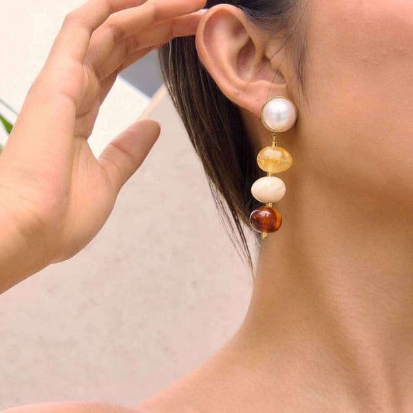Uworld Delicatecolored Brown Series Dyed Resin Glass Pearl Tassel Earrings Women 18K PVD Plated Stainless Steel Earring Jewelry