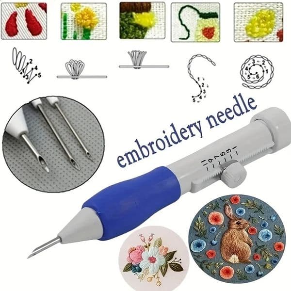 1PC Adjustable Magic Embroidery Pen Set with 3 Needles Threader Scissors and Ergonomic Fabric Craft n for DIY Sewing 260605