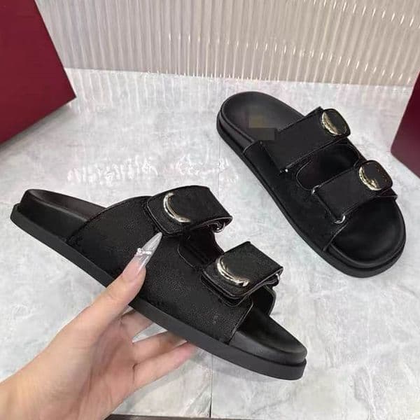 Luxury Designer Women Brown Canvas Beach Sandals Metal Buckle Comfort Flat Open Toe Sandal, Casual Summer Walking Shoes For Seaside Daily Outfit 6.6 03