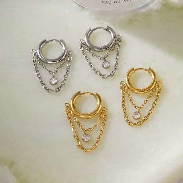 Uworld Classic Color Circular Zircon Chain Tassel Earrings 18K Gold Plated Stainless Steel Earring For Women Gifts