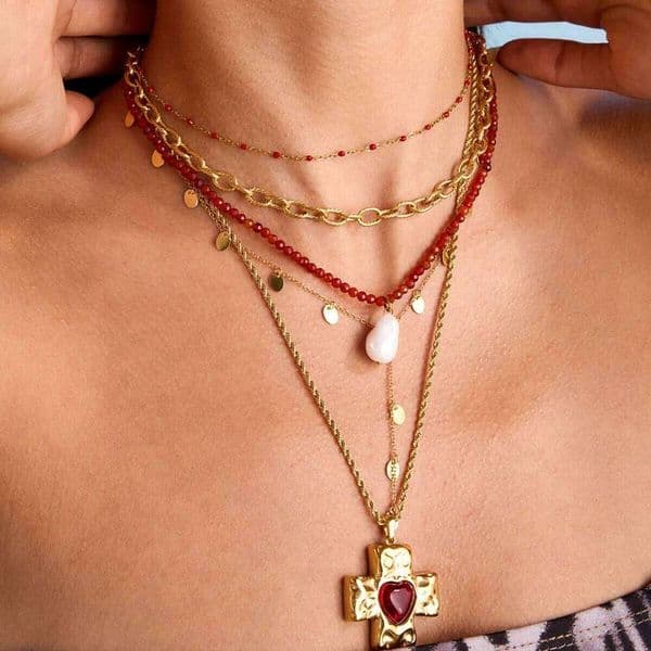 Uworld Beach Vacation Wind Red Agate Bead 18K Gold Color Plated Stainless Steel Pearl Pendant Stackable Necklace Women'