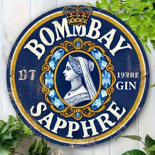 BombaySapphireVintageSign Vintage Bombay Sapphire Aluminum Wall Sign - 8" Royal Blue w/Crowned Woman, Retro Home/Bar Decor 26Y0606