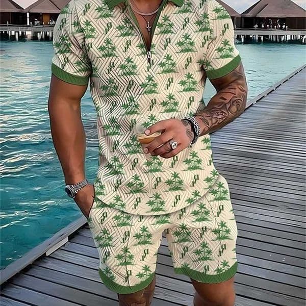 Tracksuit Mens Summer Sports Suit Men Set Printed Casual Short Sve T Shirt Lapel Zip Polo Shirt Male Clothing Jogging S260606