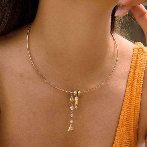 Uworld White Zircon Fish Bone Pendant Accessory Collar Necklace For Women Gold Plated Stainless Steel Vacation Beach Party Gifts