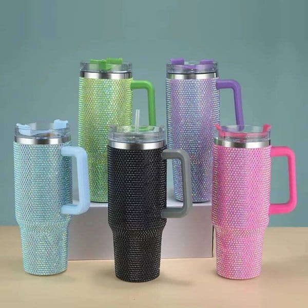 40oz Rhinestone Straw Tumbler Insulated Women Cup Shiny Diamond Travel Car Thermoses Coffee Mug Flask Water Bottle Drinkware 26L0606