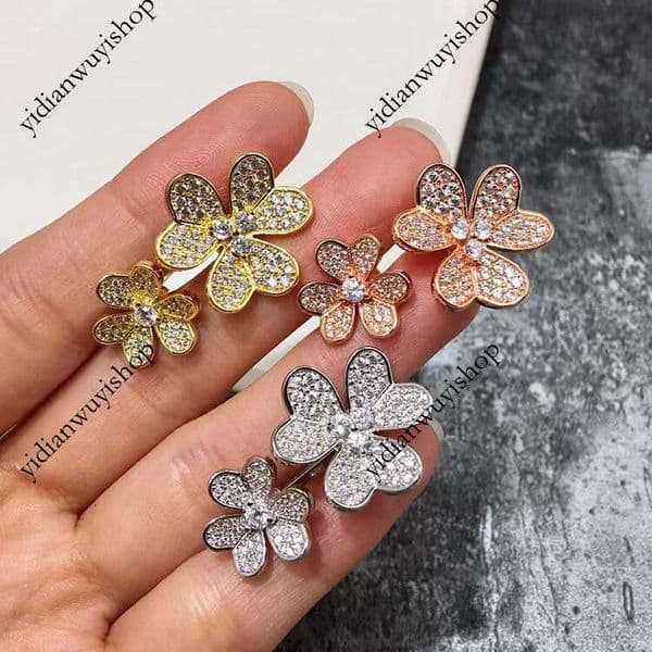 Designer Jewelry V Full Gold Four-Leaf Clover Open Ring Diamond Plant Flower Design Adjustable van cleefring