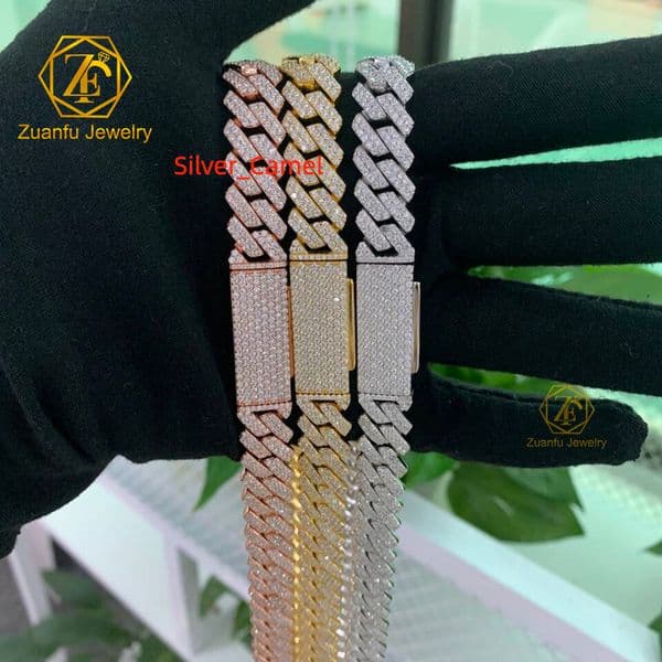 Fast Shipping Classic Sterling Silver 925 Plated Gold 8mm-15mm Cuban Link Iced Out Lab Diamond Moissanite Cuban Chain Necklace