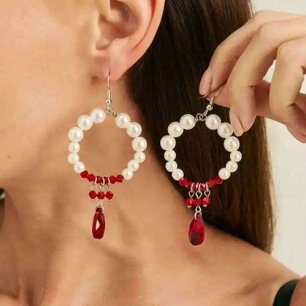 Lacteo Trendy Creative Imitation Pearl Round Drop Goth Blood Red Crystal Pendant Earrings Festival Jewelry Accessories