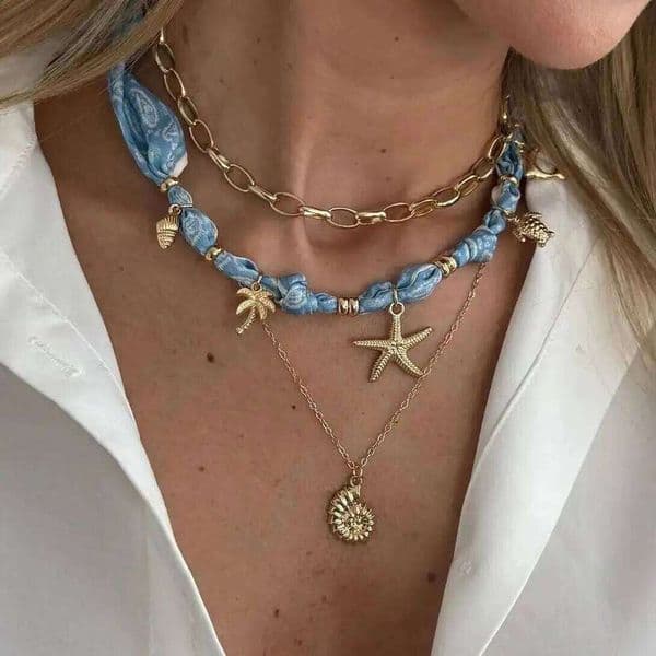 Lacteo 3 Pcs/Set Bohemian Blue Printed Fabric Women Vintage Gold Color Starfish Conch Pendant Necklace Fashion Jewelry