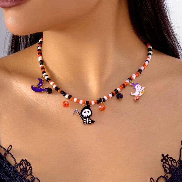 Halloween Colorful Rice Beads Necklace For Women Gothic Punk Ghost Pumpkin Hat Spider Web Eye Beaded Clavicle Choker Jewelry