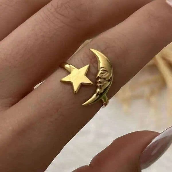Stainless Steel Gold Color Star Moon Open Rings for Women Vintage Metal Flower Bowknot Adjustable Finger Ring Minimalist Jewelry