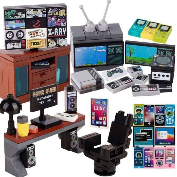 MOC Console Computer Model Buidling Blocks Mini TV Game Player Television Mobile Phone Printed Bricks Toys Kids Gift c
