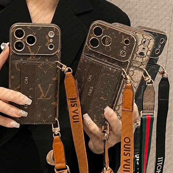 Leather Designer Zipper Card Pocket Phone Case for Samsung S26 Ultra S25 S24 S23 S22 Galaxy S21 S20 Shoulder Strap Luxury Cover iPhone Air 17 16 Plus 17 16 15 14 13 Pro Max X