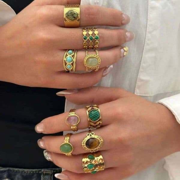 Vintage Natural Stone Stainless Steel Rings for Women Men Trendy Gold Plated Hollow Geometric Ring Finger Accessories Jewelry