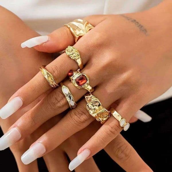 Lacteo 7 Pcs Hip Hop Irregular Folded Surface Open Set Vintage Red Rhinestone Chunky Finger Rings Fashion Wedding Jewelry
