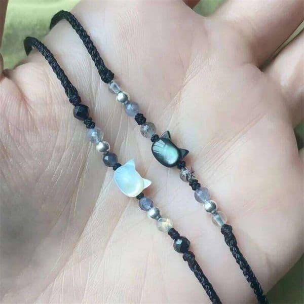 Cute Black White Cat for Women Men Minimalist Moonstone Braided Cartoon Animal Couple Bracelet Aesthetics Party Jewelry