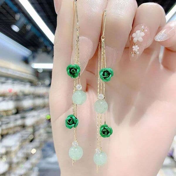 Korean New Fashion Rose Flower Earrings for Women Shiny Zircon Opal Water Drop Long Tassel Earring Girls Wedding Party Jewelry