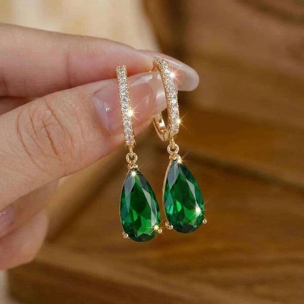 Luxury Shiny Green CZ Dangle Earrings for Women Gold Color Water Drop Cubic Zirconia Hanging Earring Party Wedding Charm Jewelry