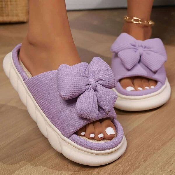 Thick Bottom Linen Women Autumn&Winter Cute Bow Soft Sole House Slippers Woman Non-slip Flat Heel Indoor Slides Shoes 12548