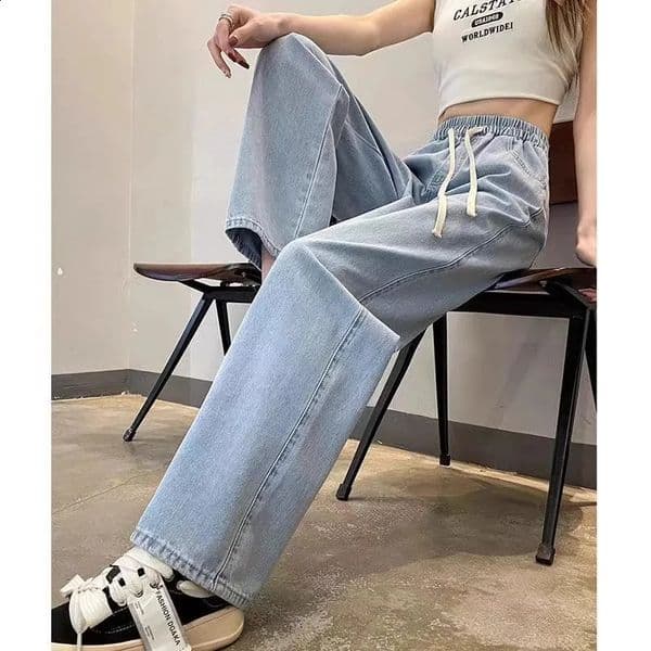 Light Wash High Waist Elastic Waist Straight Leg Jeans Womens Trendy Loose Slimming High Street Wide Leg Long Pants 260605