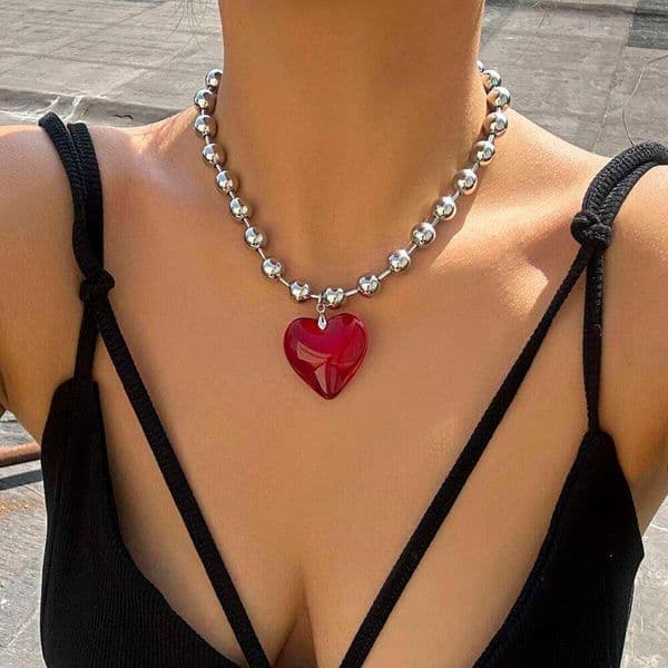 6 Colors Hip Hop Colorful Love Heart Pendant Necklace Women Punk Silver Color Beads Chain Grunge Jewelry Accessories Steampunk