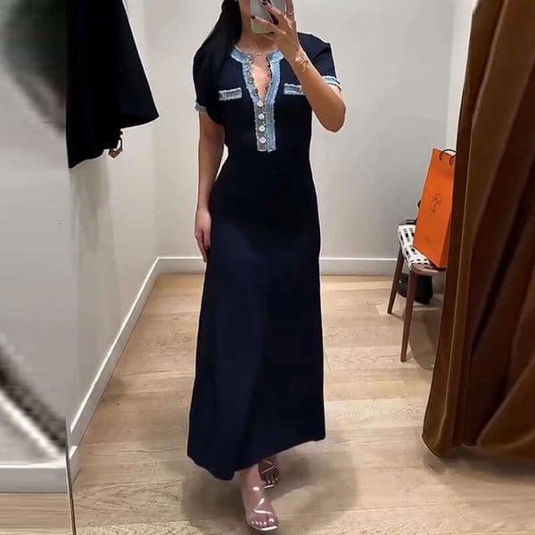 2026 Spring/Summer New Luxury Denim Ptchwork Dress, Simple Wist-Cinching, Chic Style, Bodycon Long Dress for Women, Fshionble