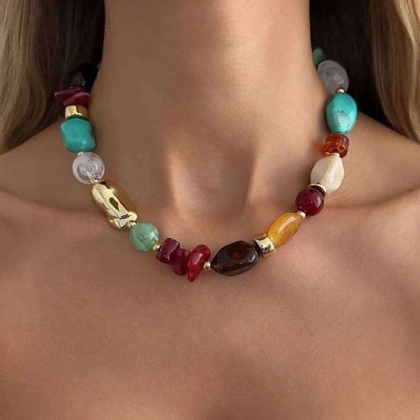 Ingemark Vintage Smooth Colorful Resin Acrylic Beaded Choker Necklace for Women Bohemian Adjustable Collar Chain Holiday Jewelry