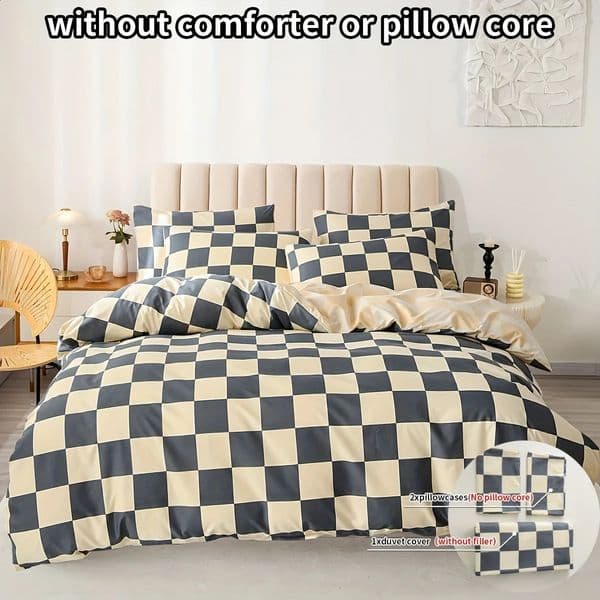 Checkerboard Print ThreePiece Quilt Cover Set Pink Girly Princess Style SkinFriendly and Breathable Bedding Suitable for All Seasons 260605