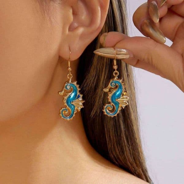 Vacation Style Shiny Rhinestone Drop Earrings For Women Crystal Zircon Enamel Sea Animal Seahorse Earring Ocean Jewelry