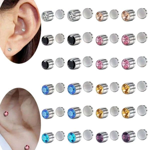 Studs Ear Clips With Multicolor Cubic Zirconia, Clip On Earrings Stainless Steel No Need Piercing Fake Earring