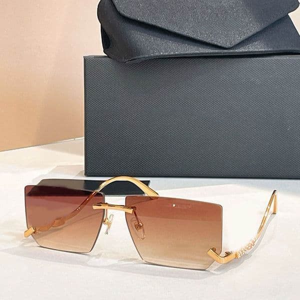 26ss New CRYSTAL SUNGLASSES Frameless Polygonal Glasses Metal Belt Diamond Legs Gradient Brown Lens Designer Holiday Driving Fashion Womens Goggles DG2304