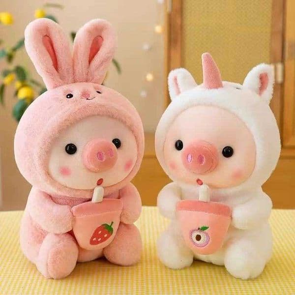 Plush 25cm Kawaii Bubble Pig Toy Stuffed Animal Bunny Frog Tiger Soft Pillow Cup Milk Tea Boba Plushies Doll For Kids Girls Gift M260608