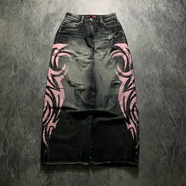 Mottled Totem Mens Print Jeans American Old Washed Wide Leg Retro Loose Trend Wide Leg Jeans Goth Pant UnisexT260527 S260608