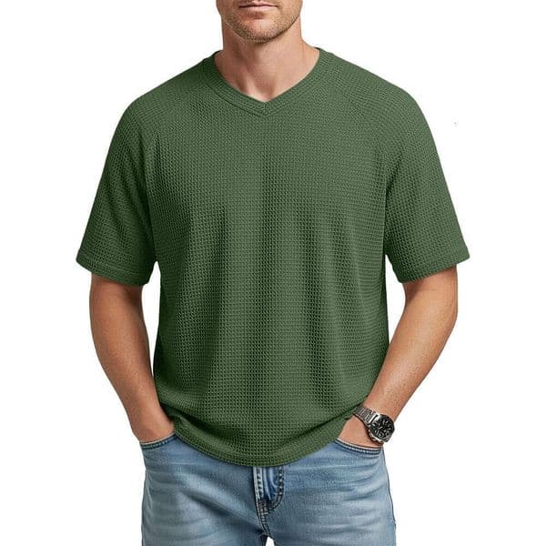 Men's V Neck Raglan Waffle Short Sleeved Fashionable Casual Knitted T Shirt 205